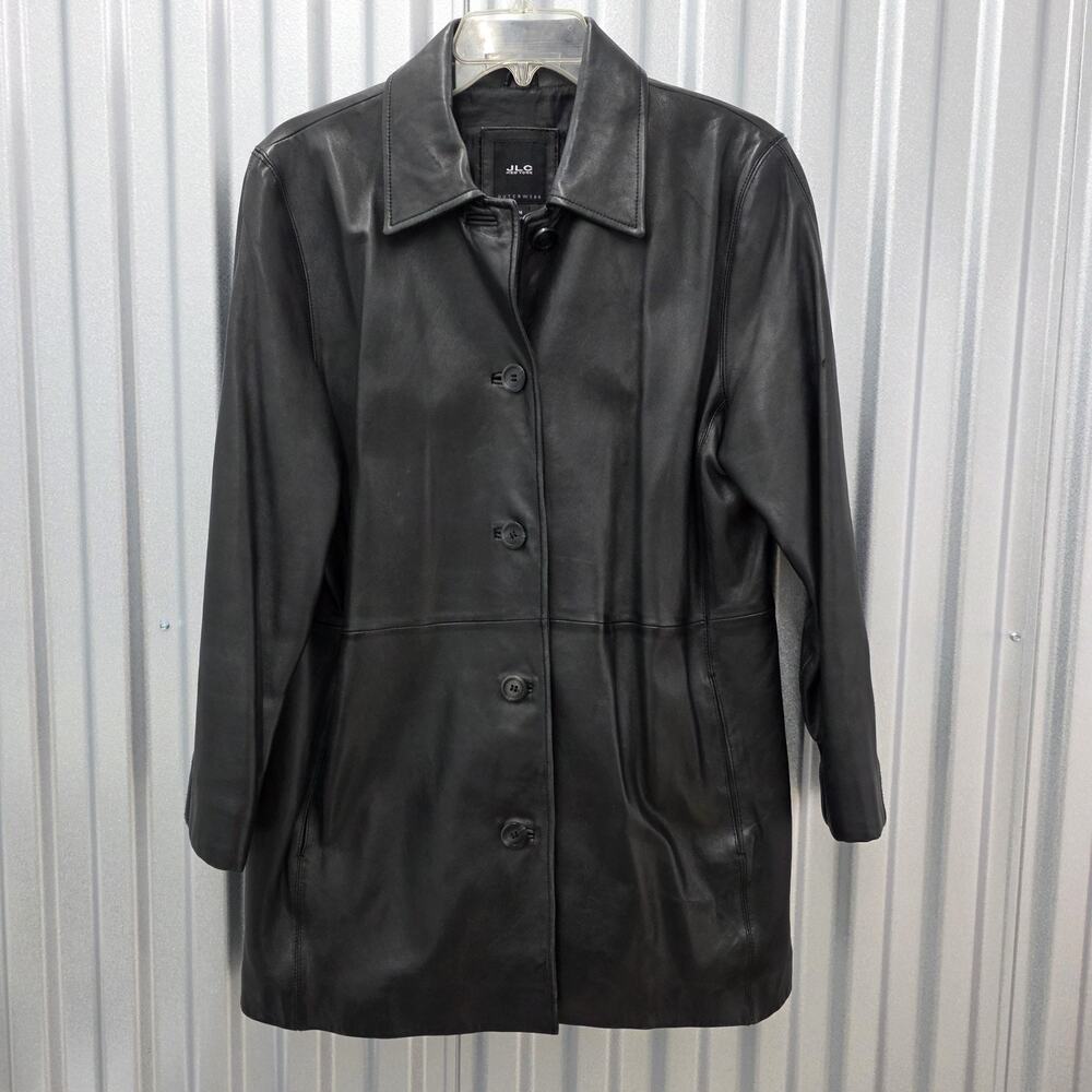 JLC New York Leather Jacket Women's M Black Button Front Long 90s